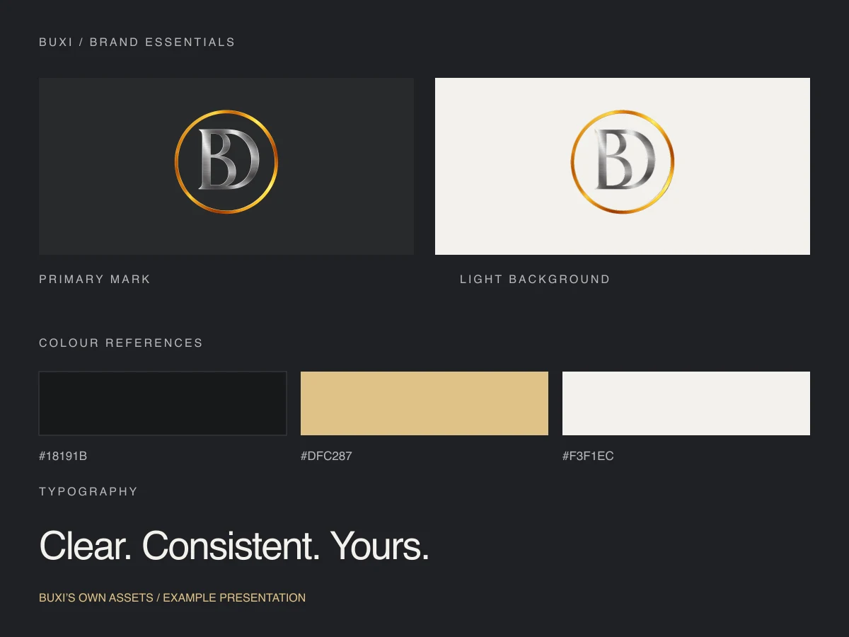 Buxi’s own brand assets arranged with logo variants, colour references, and typography
