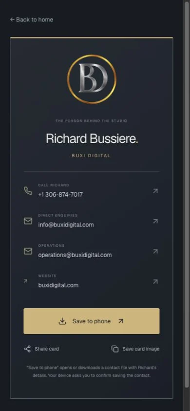 Richard’s actual digital contact card, with direct contact links and save-to-phone action