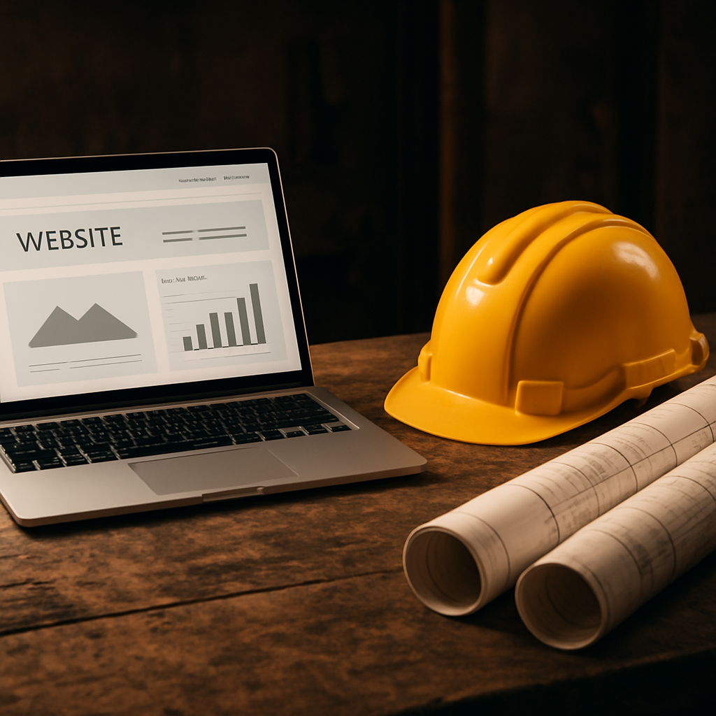 A laptop showing a website next to a hard hat and blueprints on a workbench
